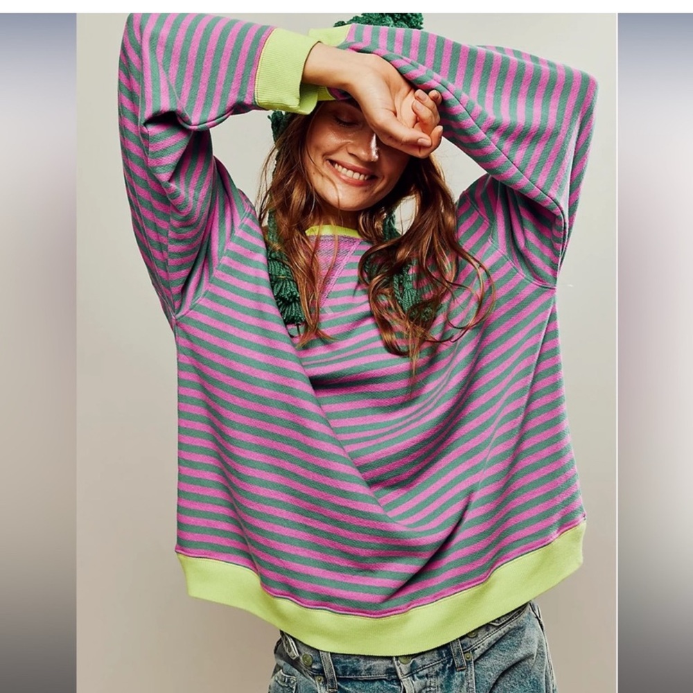 Free People Pink and Green Striped Sweatshirt